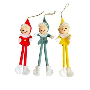 Vintage Pixie Elf Christmas Ornaments Felt Holiday Decorations MCM Set of 3